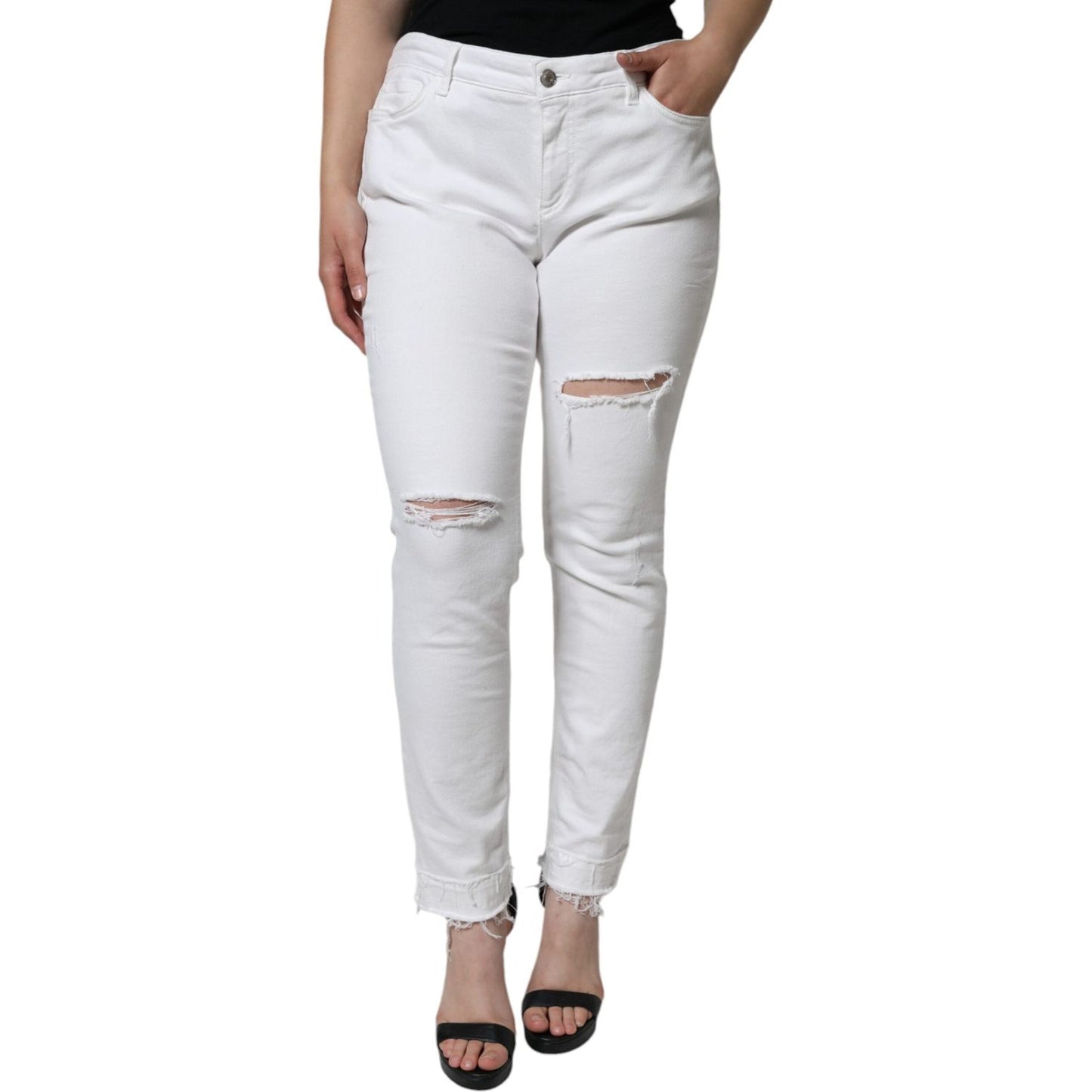 Dolce & Gabbana White Cotton Stretch Tattered Skinny Jeans PAN75523-48