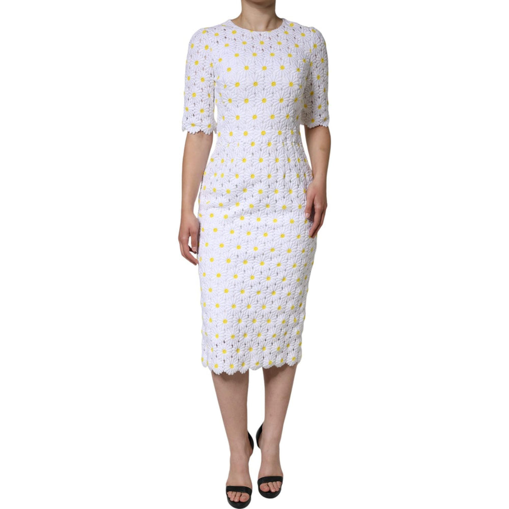 Dolce & Gabbana White Daisy Macrame Lace Sheath Midi Dress DR281204-40