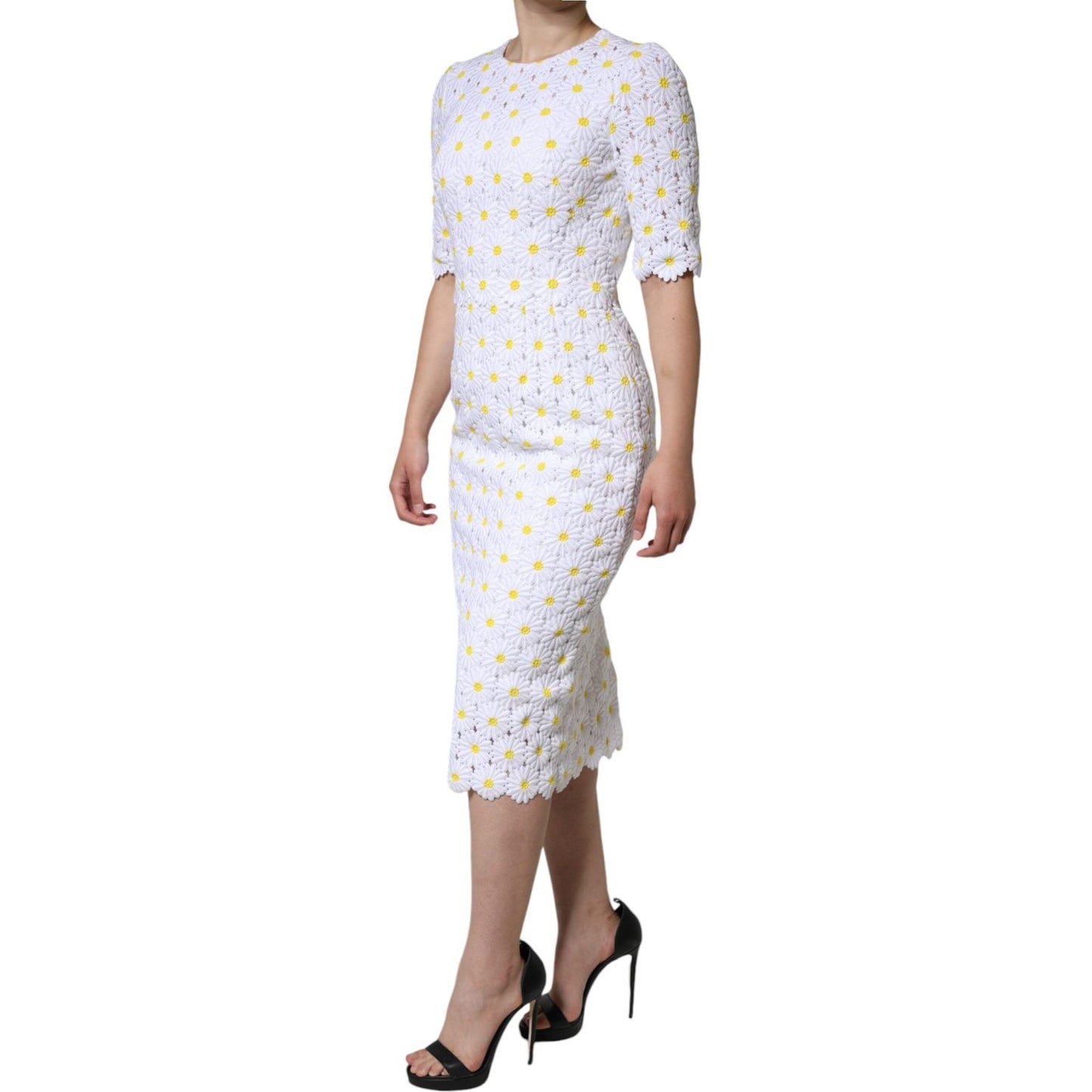 Dolce & Gabbana White Daisy Macrame Lace Sheath Midi Dress DR281204-40