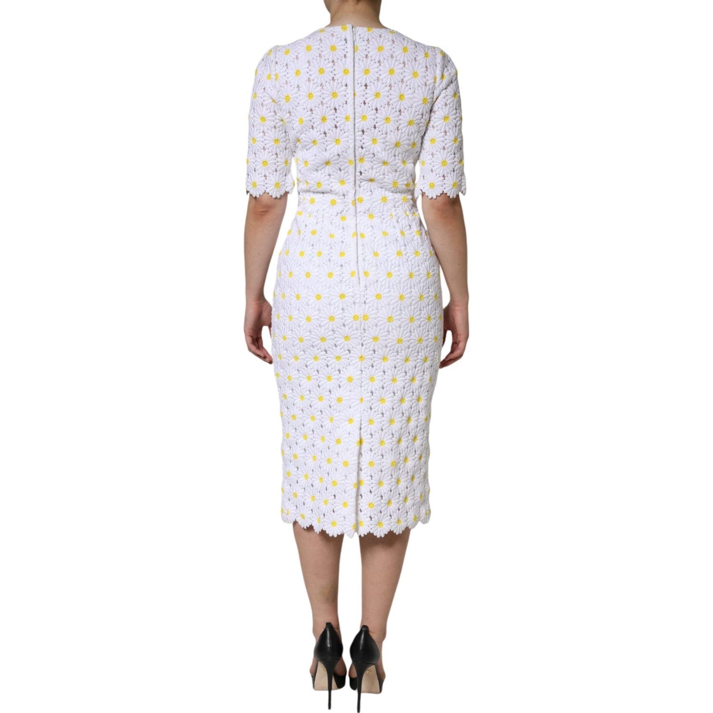 Dolce & Gabbana White Daisy Macrame Lace Sheath Midi Dress DR281204-40