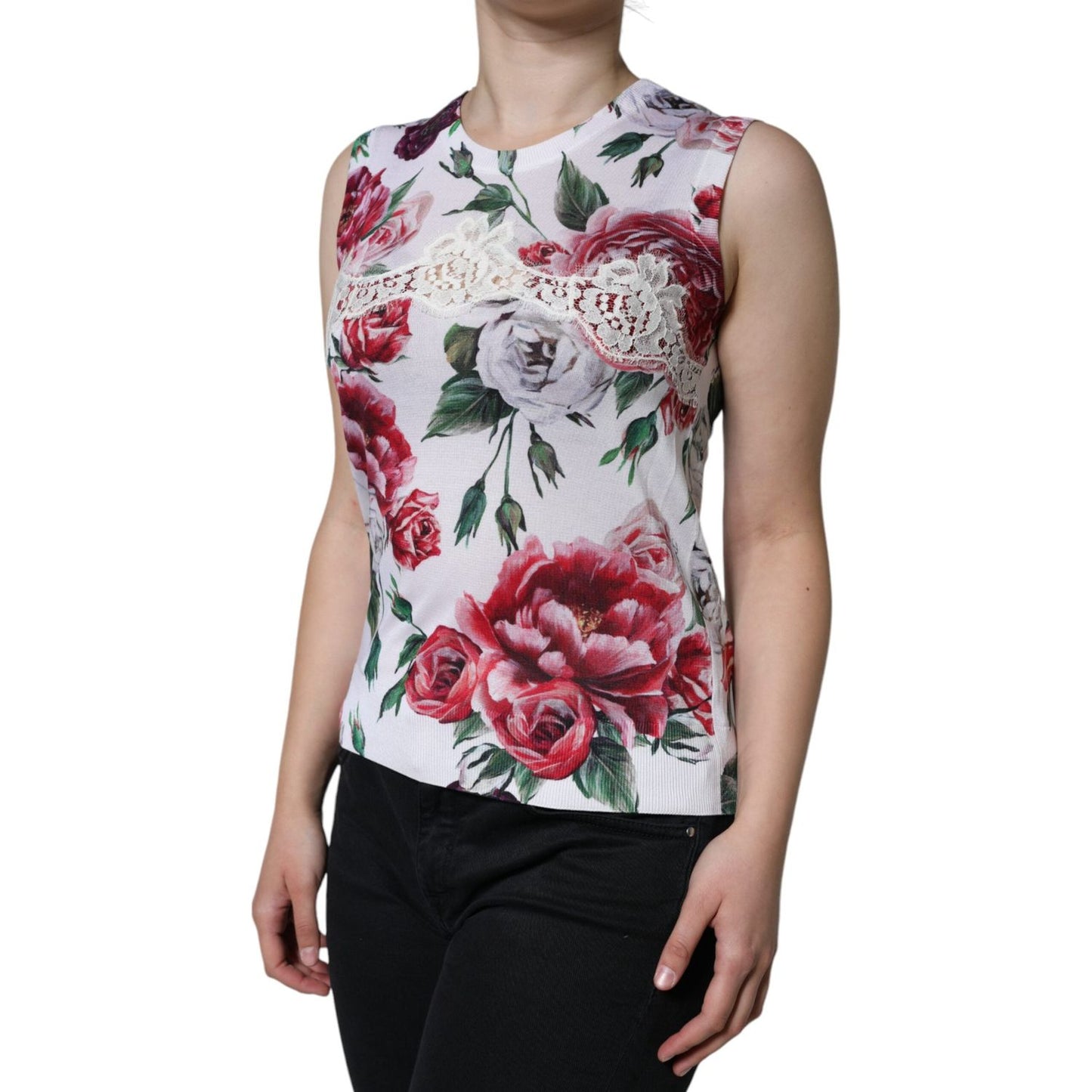 Dolce & Gabbana White Floral Lace Silk Sleeveless Tank Top TSH86580-40