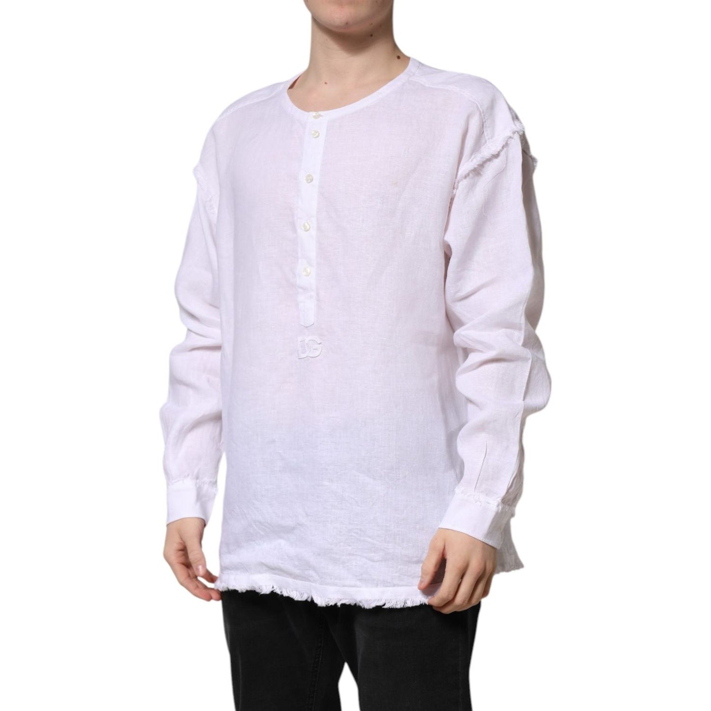Dolce & Gabbana White Linen Long Sleeves Casual Men Shirt