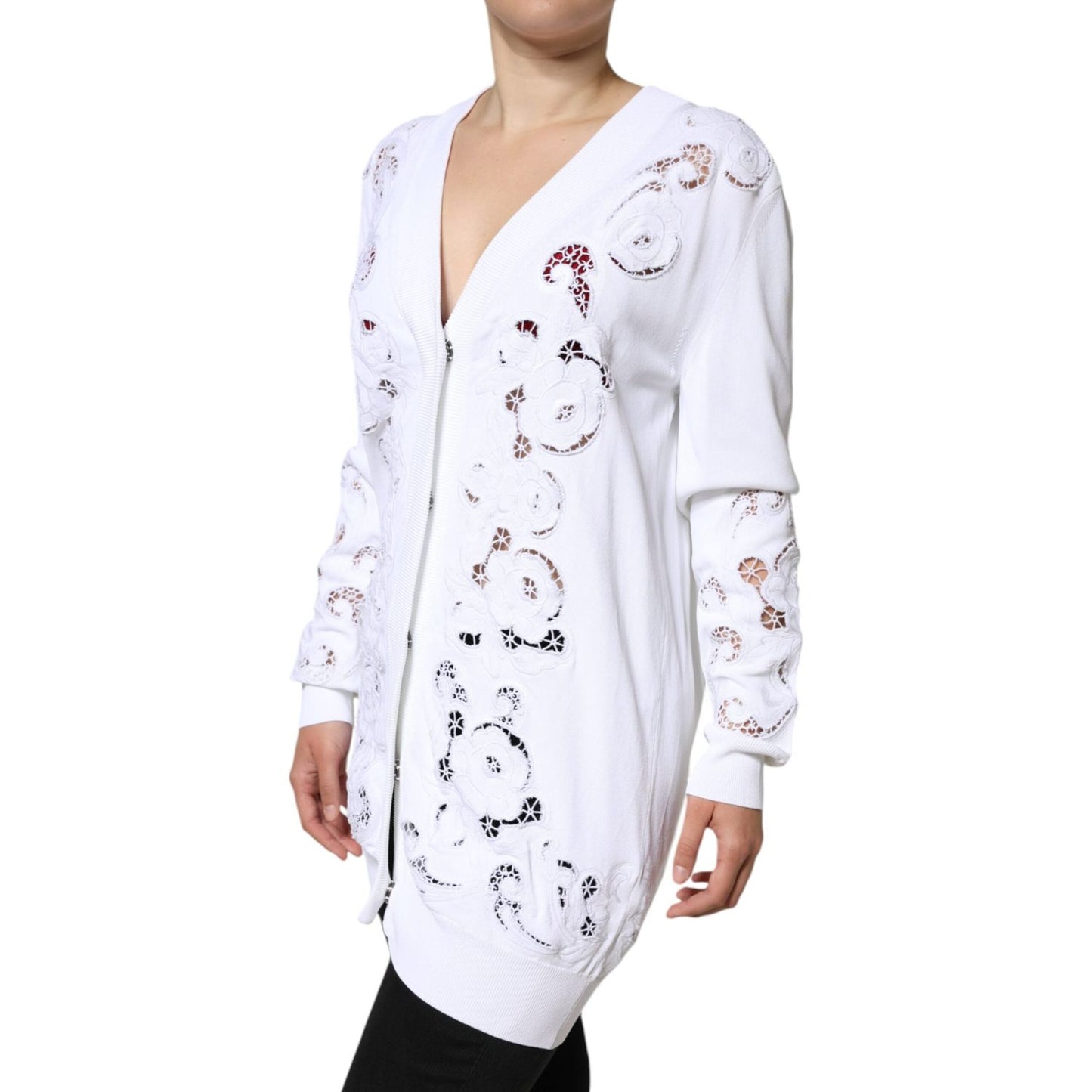 Dolce & Gabbana White Viscose Floral Cut Out Cardigan Sweater JKT4118-44