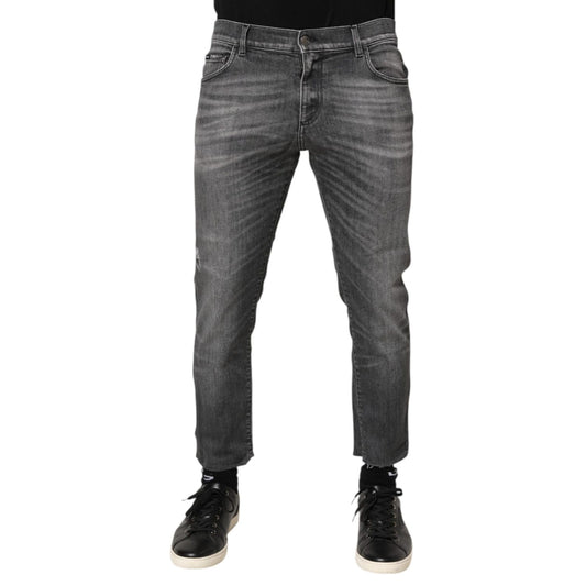 Dolce & Gabbana Grey Cotton Denim Slim Fit Distressed Pants Jeans
