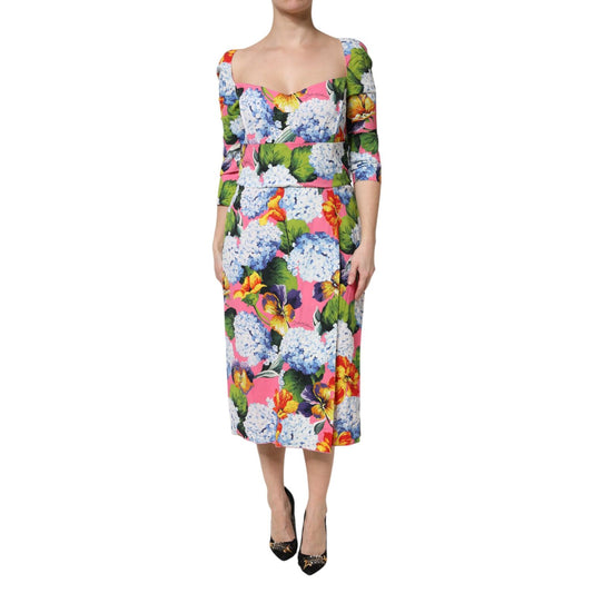 Dolce & Gabbana Multicolor Floral Pleated Sheath Midi Dress