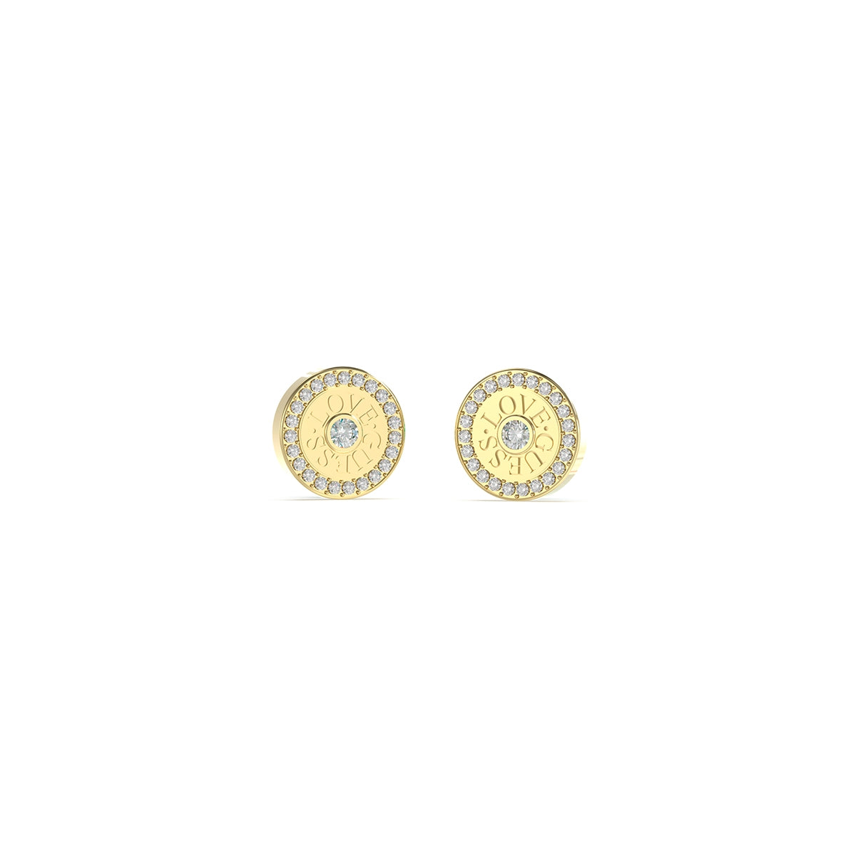 GUESS JEWELS JEWELRY Mod. JUBE04081JWYGT-U gold and diamond circular earrings on white background