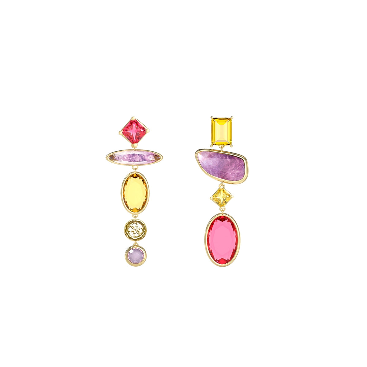 Colorful gemstone earrings, elegant design, featuring vibrant stones of red, yellow, pink, and purple.