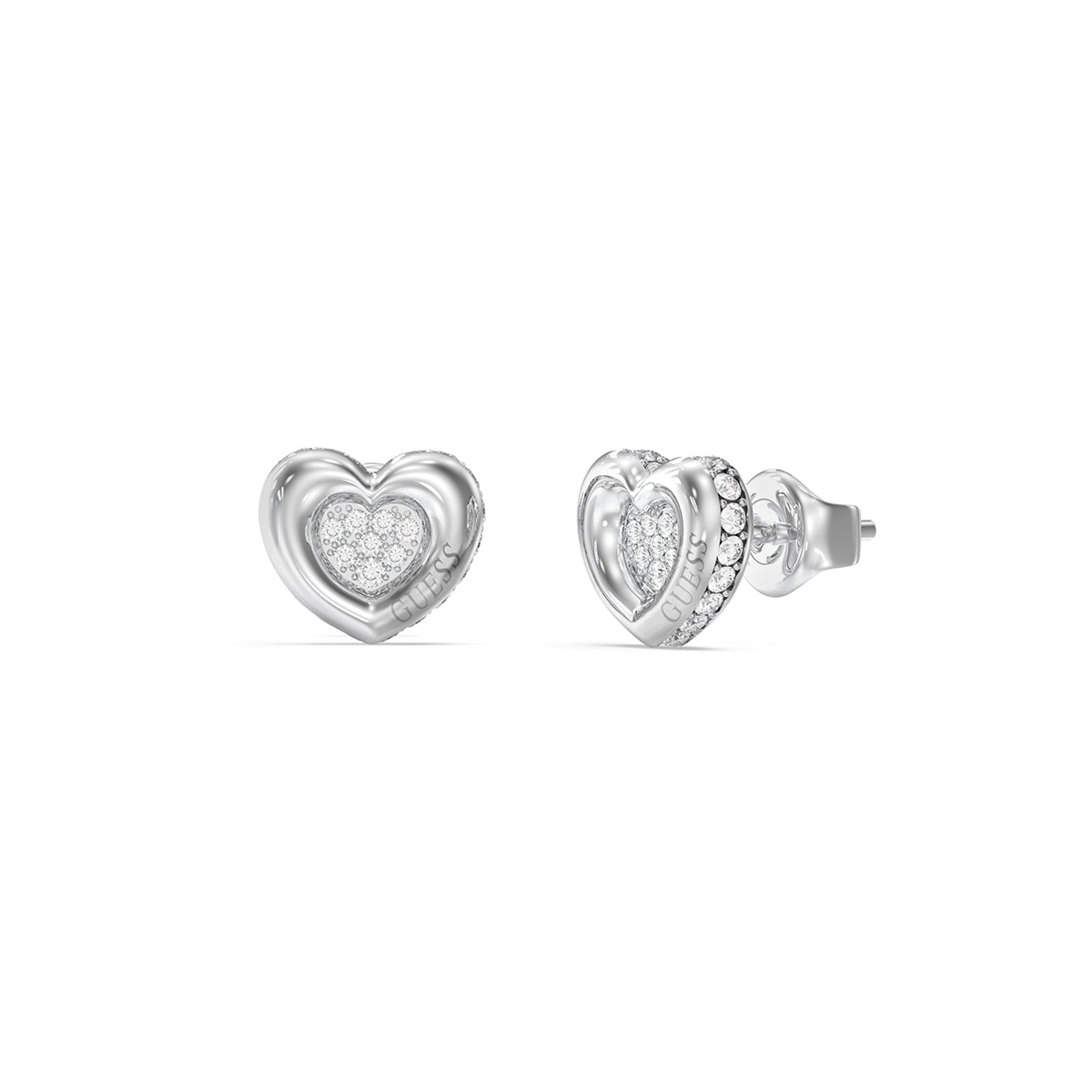 Heart-shaped earrings from GUESS JEWELS JEWELRY Mod. JUBE05466JWRHT-U featuring sparkling stones, showcasing elegant design.