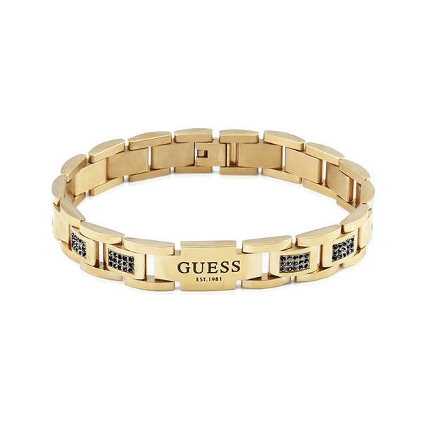 GUESS JEWELS JEWELRY Mod. JUMB01342JWYGBKT-U gold bracelet with black accents on a white background