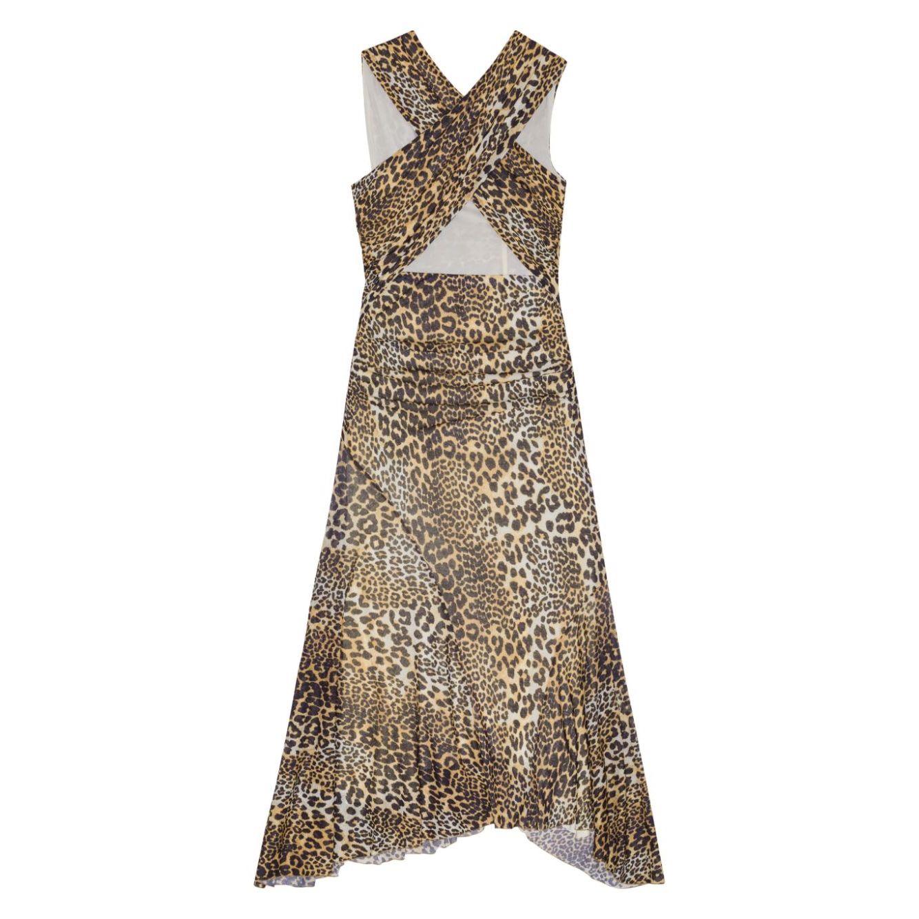 Ganni Leopard Marl Mesh Long Ruched Crossover Dress Dresses