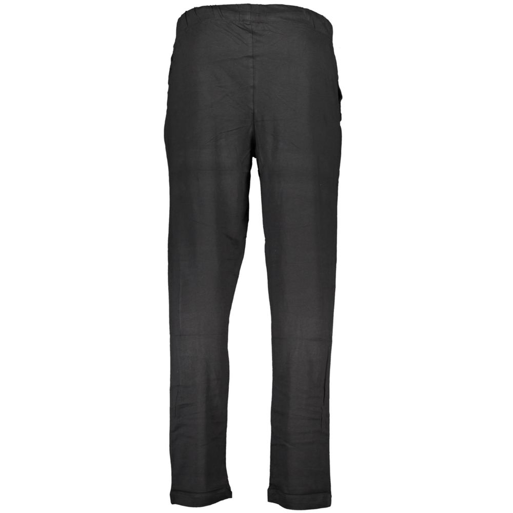 Gianmarco Venturi Black Cotton Pant with elastic waist, lace details and pockets, featuring logo and embroidery.