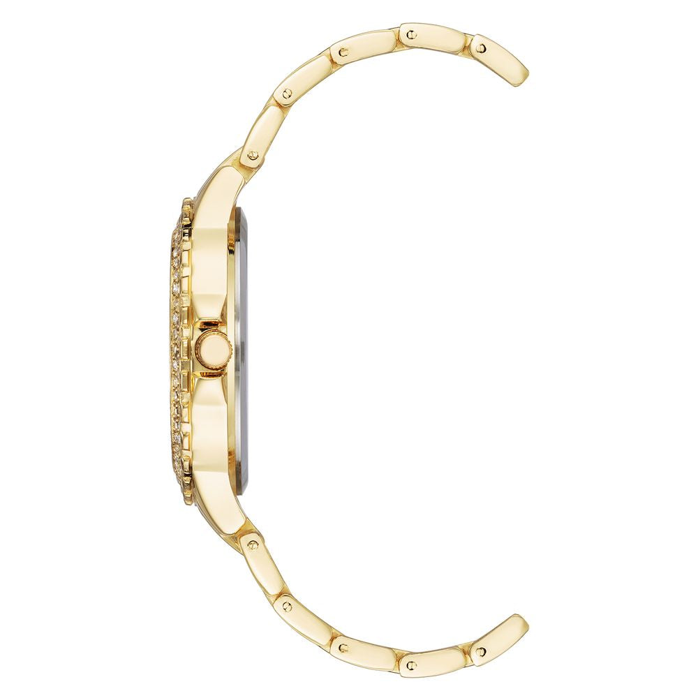 Side view of Juicy Couture Gold Metal Dress Watch with golden metal bracelet and 36mm diameter case.
