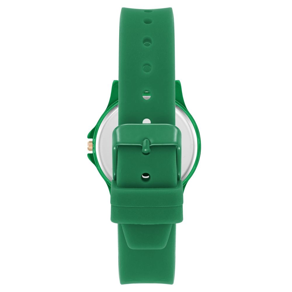 Back view of Juicy Couture Green Synthetic Bracelet Watch with green silicone band and metal case.