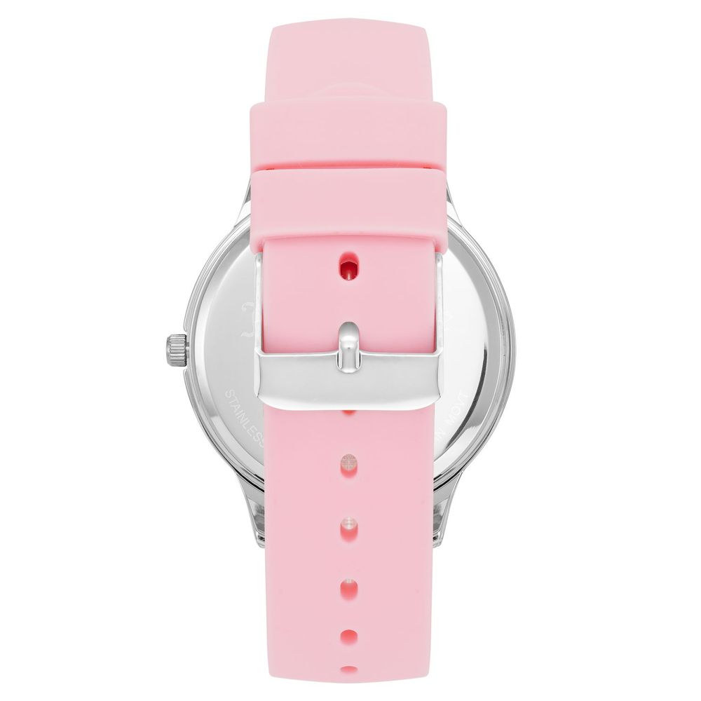 Juicy Couture Multicolor Synthetic Dress Watch with pink silicone band and quartz movement, rear view showcasing silver buckle clasp.