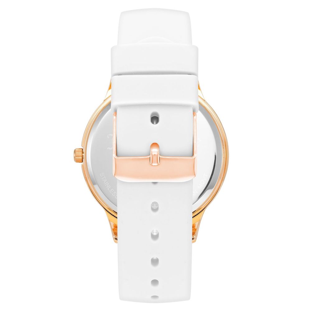 Back view of Juicy Couture White Synthetic Dress Watch featuring white silicone band and pink metal case with buckle closure.
