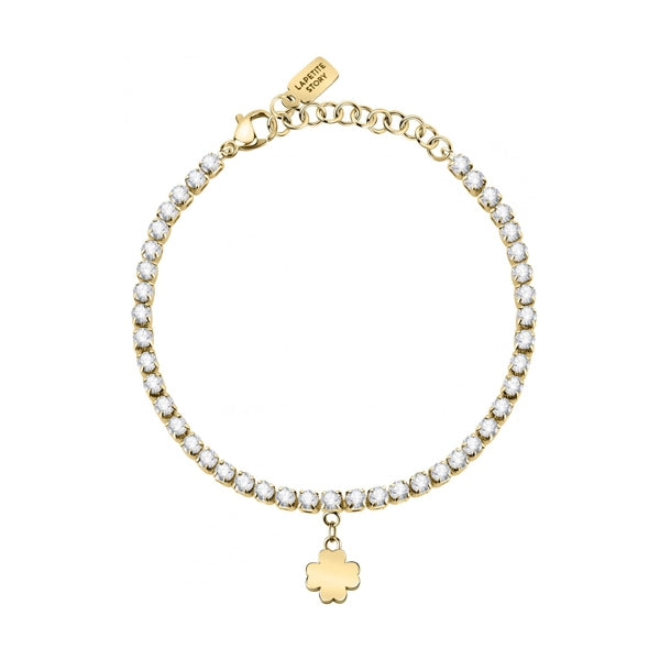 Elegant gold bracelet with gemstones, clover charm, labeled 'LA PETITE STORY JEWELRY Mod. LPS05ARR71', perfect for gifting.