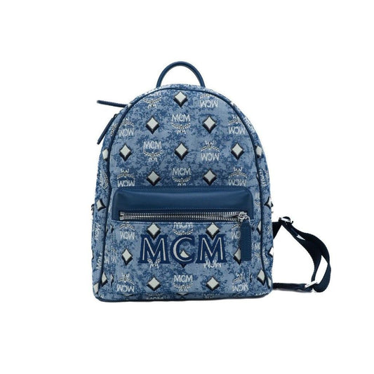 MCM Stark Small Blue Vintage Jacquard Monogram Logo Fabric Backpack Bookbag with top handle and exterior zip pocket.