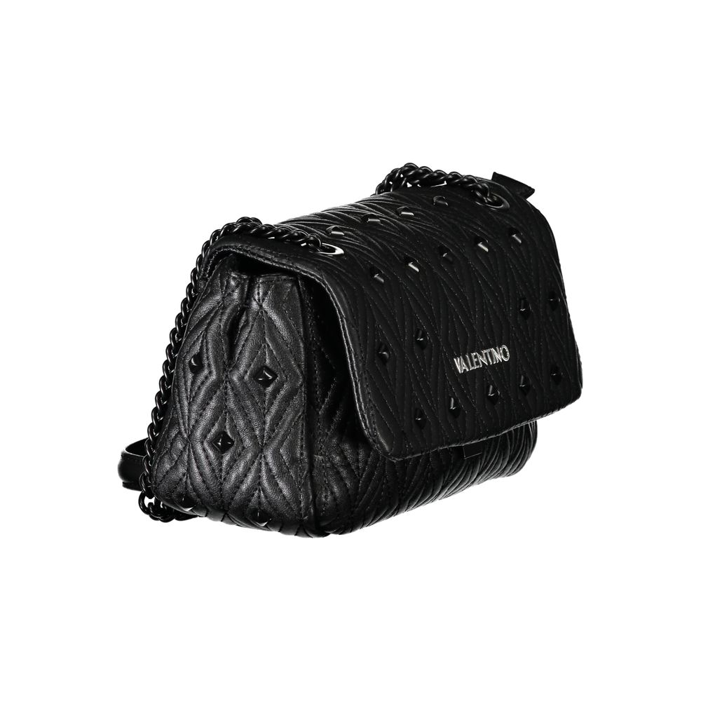 Mario Valentino Black Polyester Handbag with chain strap, contrasting details, and logo. Features zip and clip closure with internal pockets.