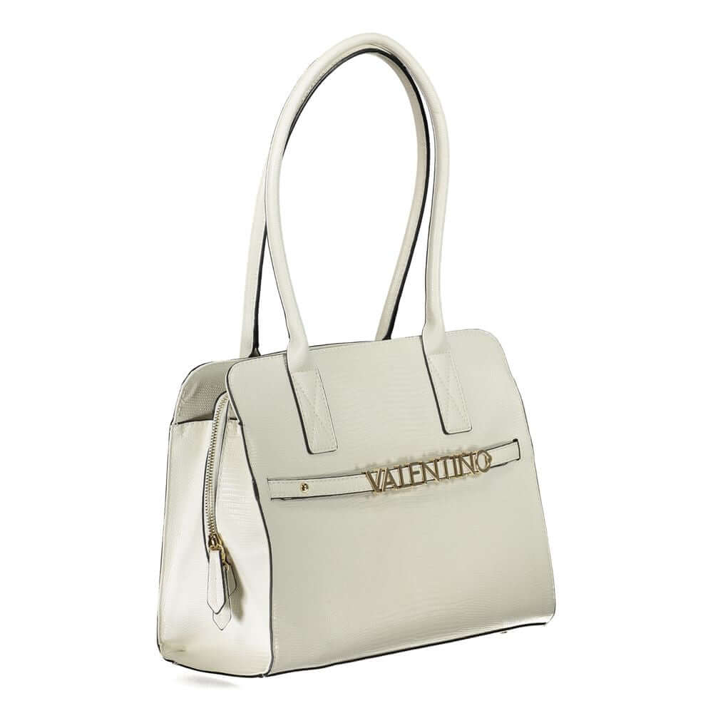Mario Valentino White Polyethylene Handbag with quilted design, features 2 handles, laptop compartment, zip closure, and contrasting details.