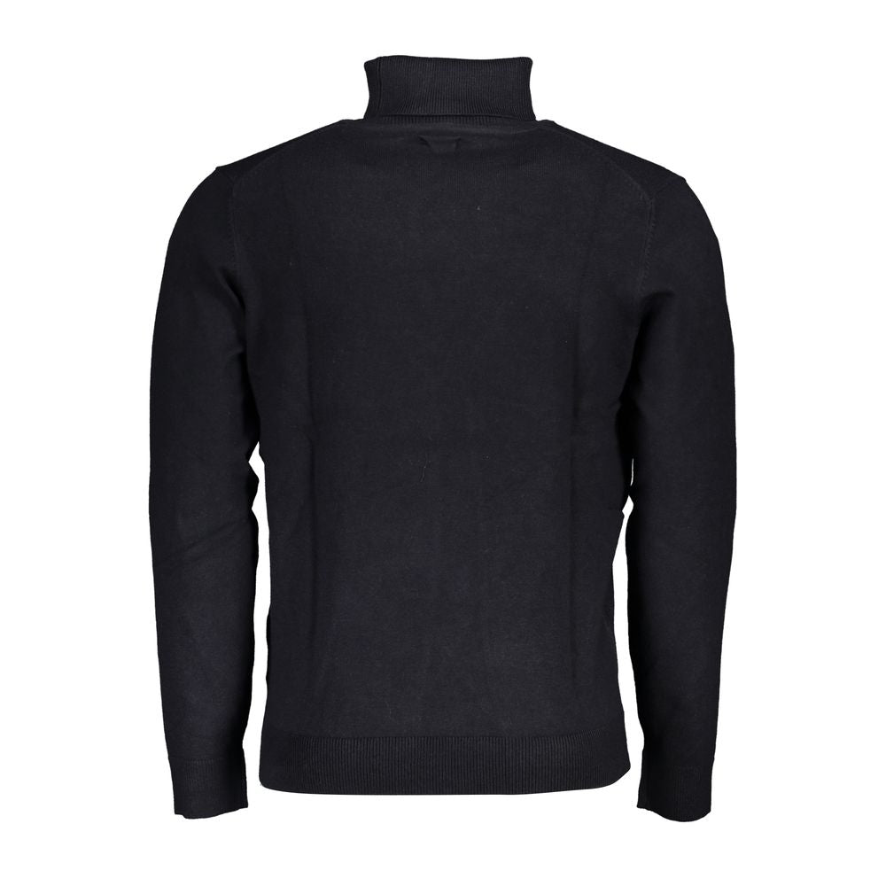 Back view of Norway 1963 Blue Fabric Sweater, long-sleeved pullover with turtleneck and embroidery detailing.