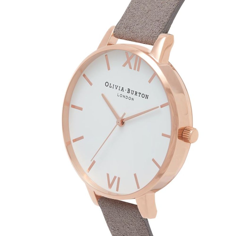 Olivia Burton Gray Artificial Leather Dress Watch with quartz mechanism, pink stainless steel case, and grey synthetic leather band.