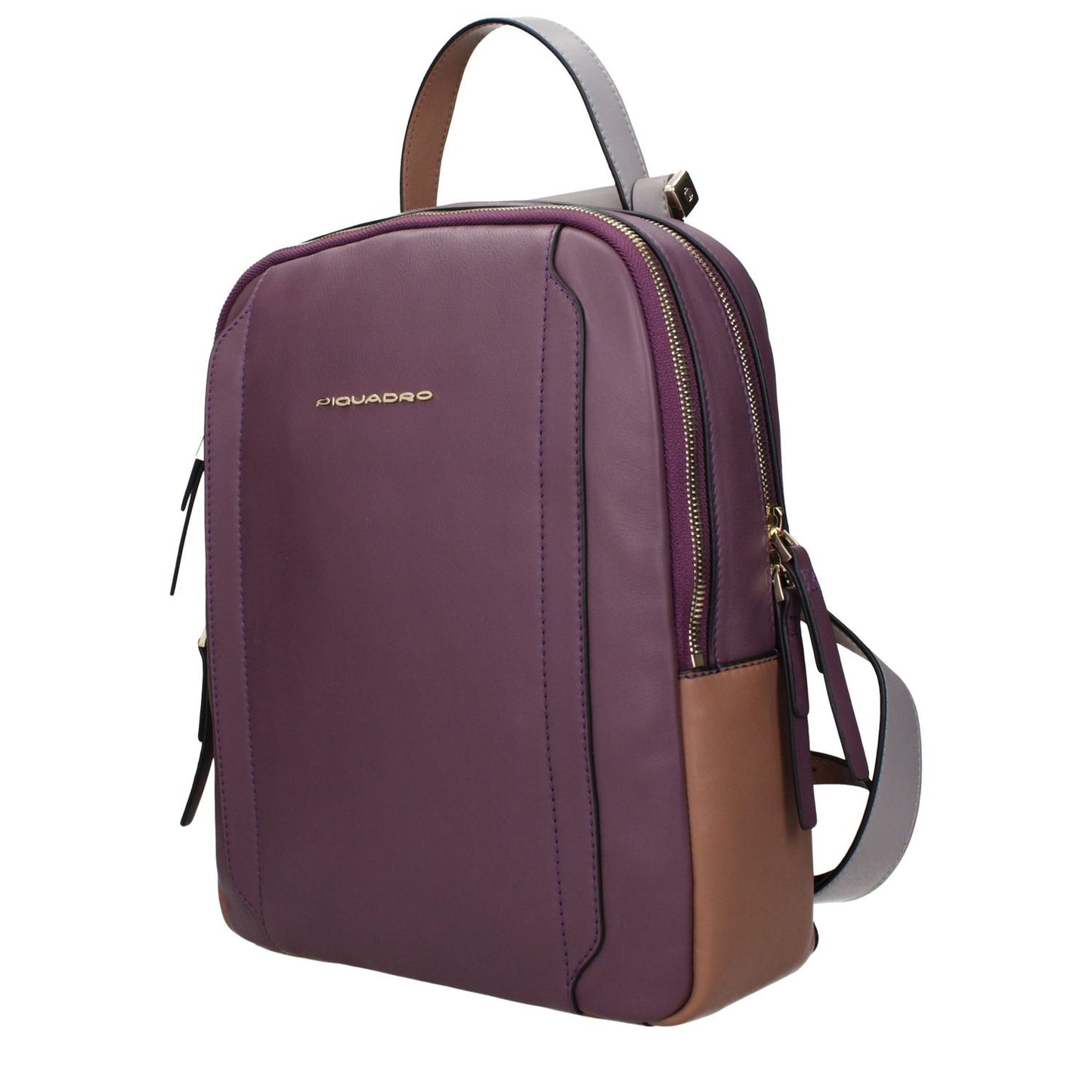 Piquadro Purple Leather Backpack with adjustable straps and vintage effect featuring front and side logos, ideal for iPad/PC cases.
