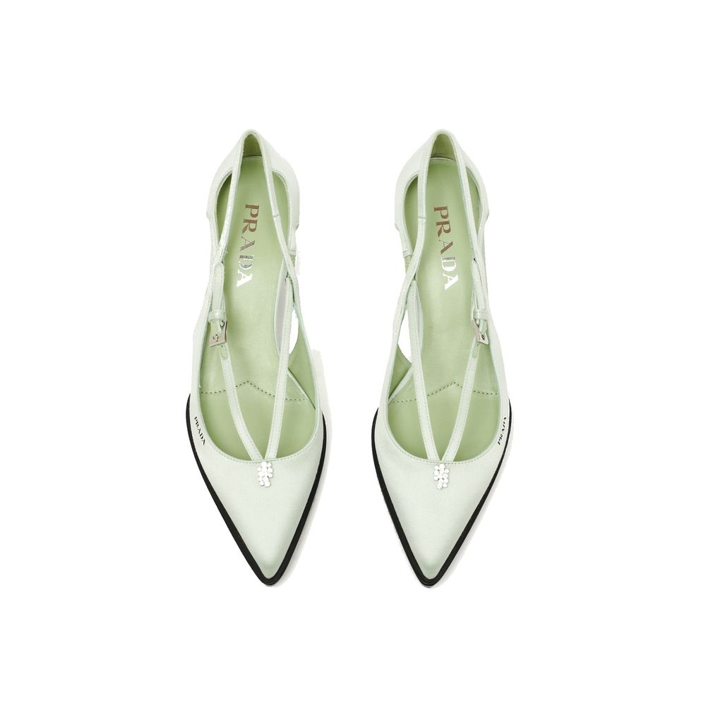 Prada Green Silk Mid Heel Pumps with pointed toe and jeweled ornament, featuring leather insole and metal buckle closure.