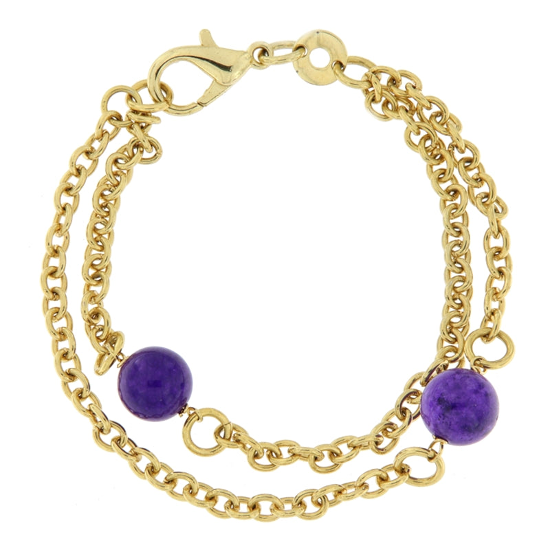 Gold chain bracelet with purple accents on a white background.