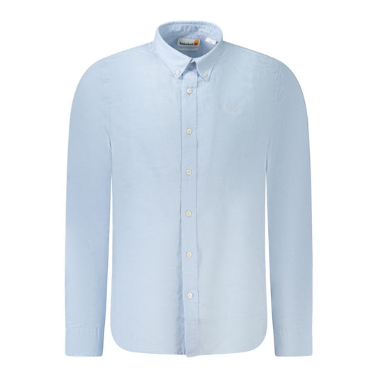 Timberland Light Blue Cotton Men Shirt with button-down collar and Timberland logo embroidery, perfect for casual or formal wear.