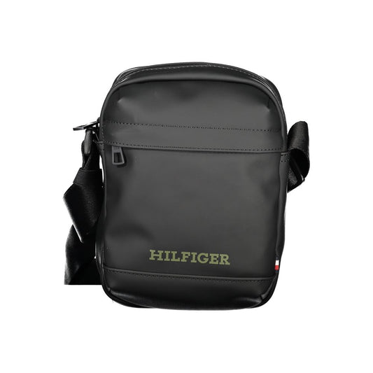 Tommy Hilfiger Black Polyethylene Shoulder Bag with adjustable strap, external pocket, internal pocket, and zip closure logo design.