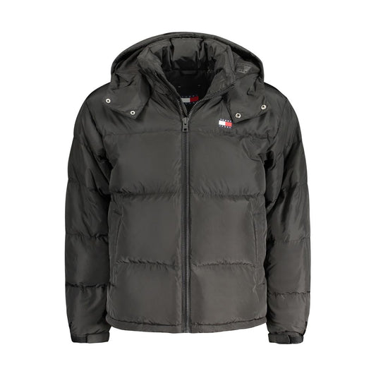 Tommy Hilfiger Black Recycled Polyester Men Jacket with removable hood and iconic logo.