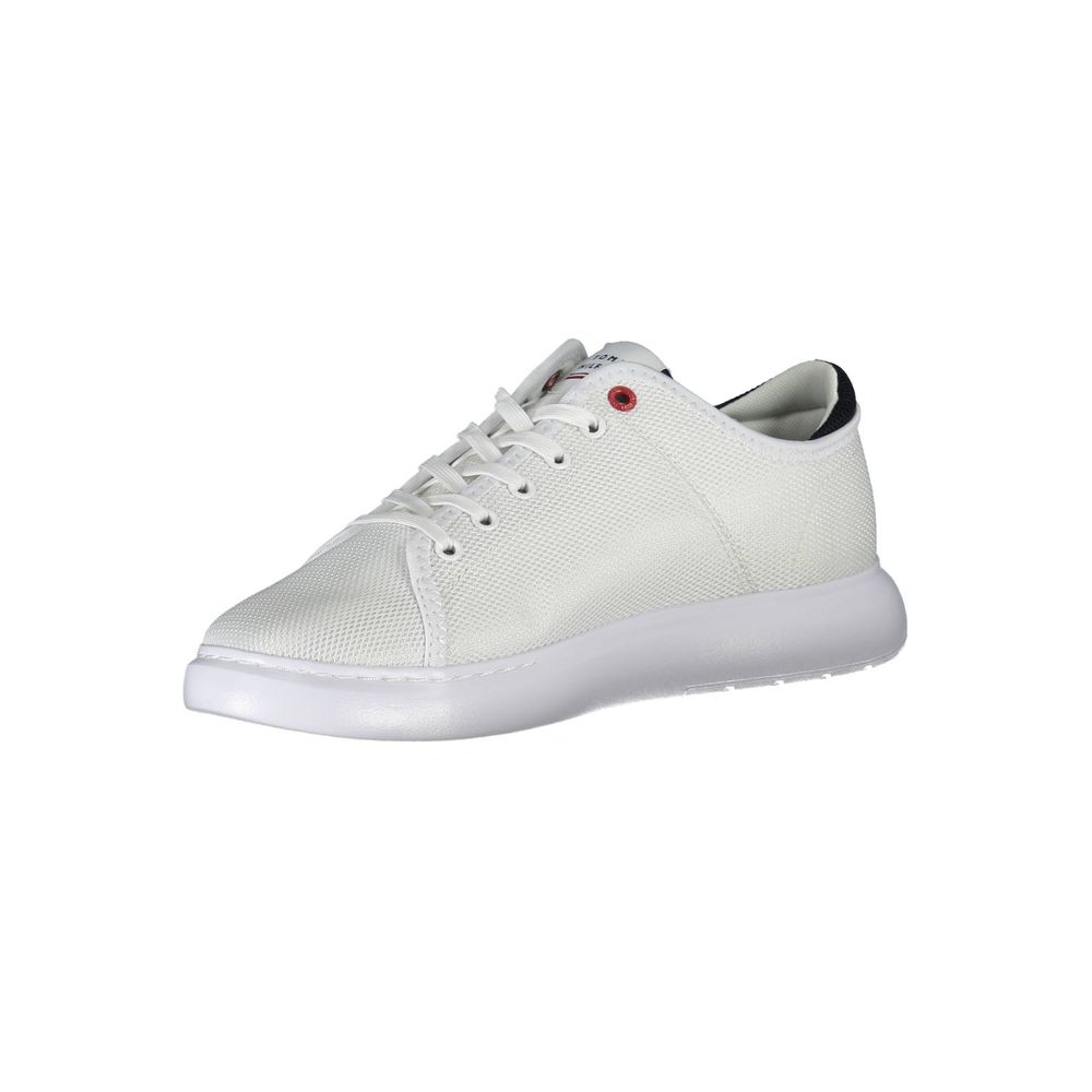 Tommy Hilfiger White Polyester Sneaker with laces, contrasting sole, and logo, made from 95% recycled polyester.