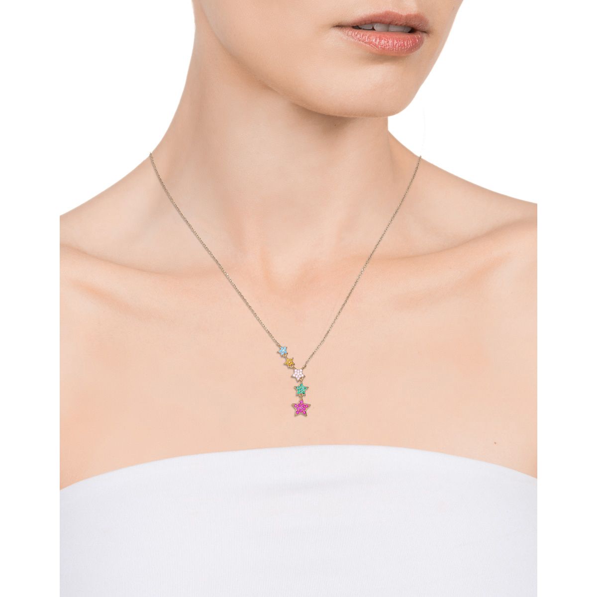 VICEROY JEWELS Mod. 13070C100-39 necklace worn by model, featuring a silver chain with colorful star charms, perfect for ladies.