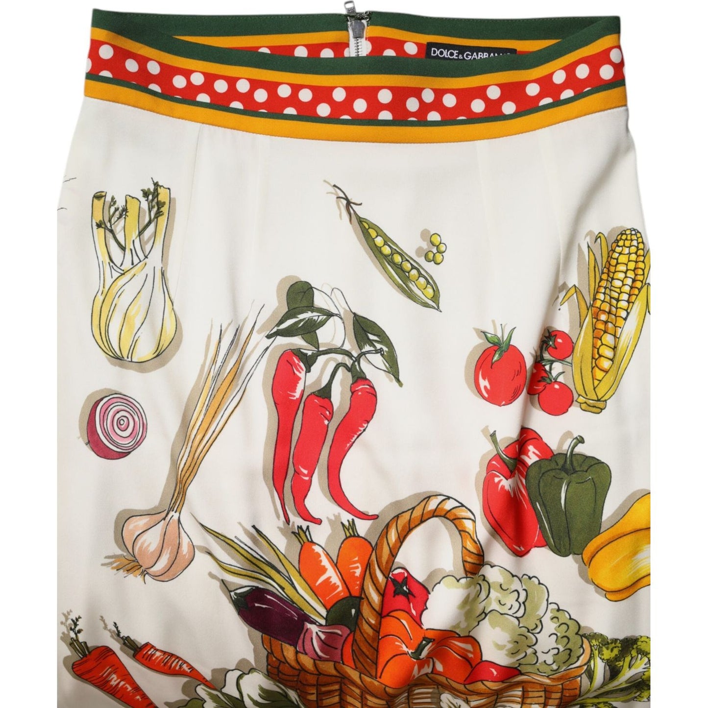 Dolce & Gabbana multicolor high waist pencil skirt with vegetable print, silk blend fabric, made in Italy. Fashionable midi length.