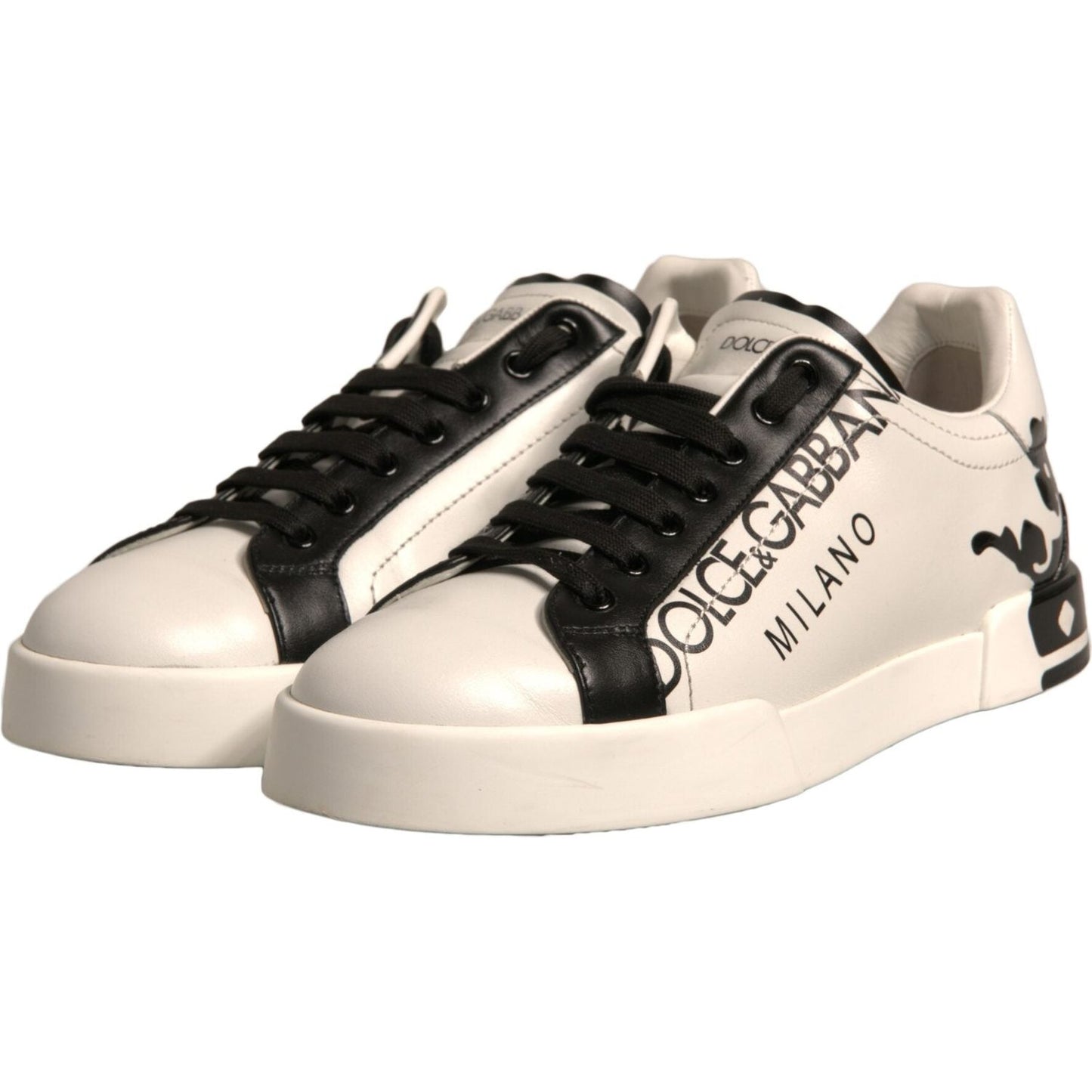 Dolce & Gabbana low-top sneakers in white and black leather with crown details and logo, made in Italy.