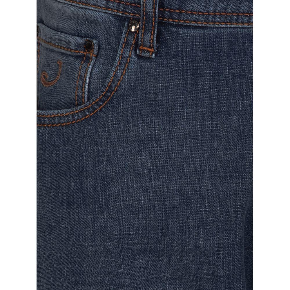 Jacob Cohen Bard slim fit blue cotton jeans with orange stitching and brown leather patch detail.