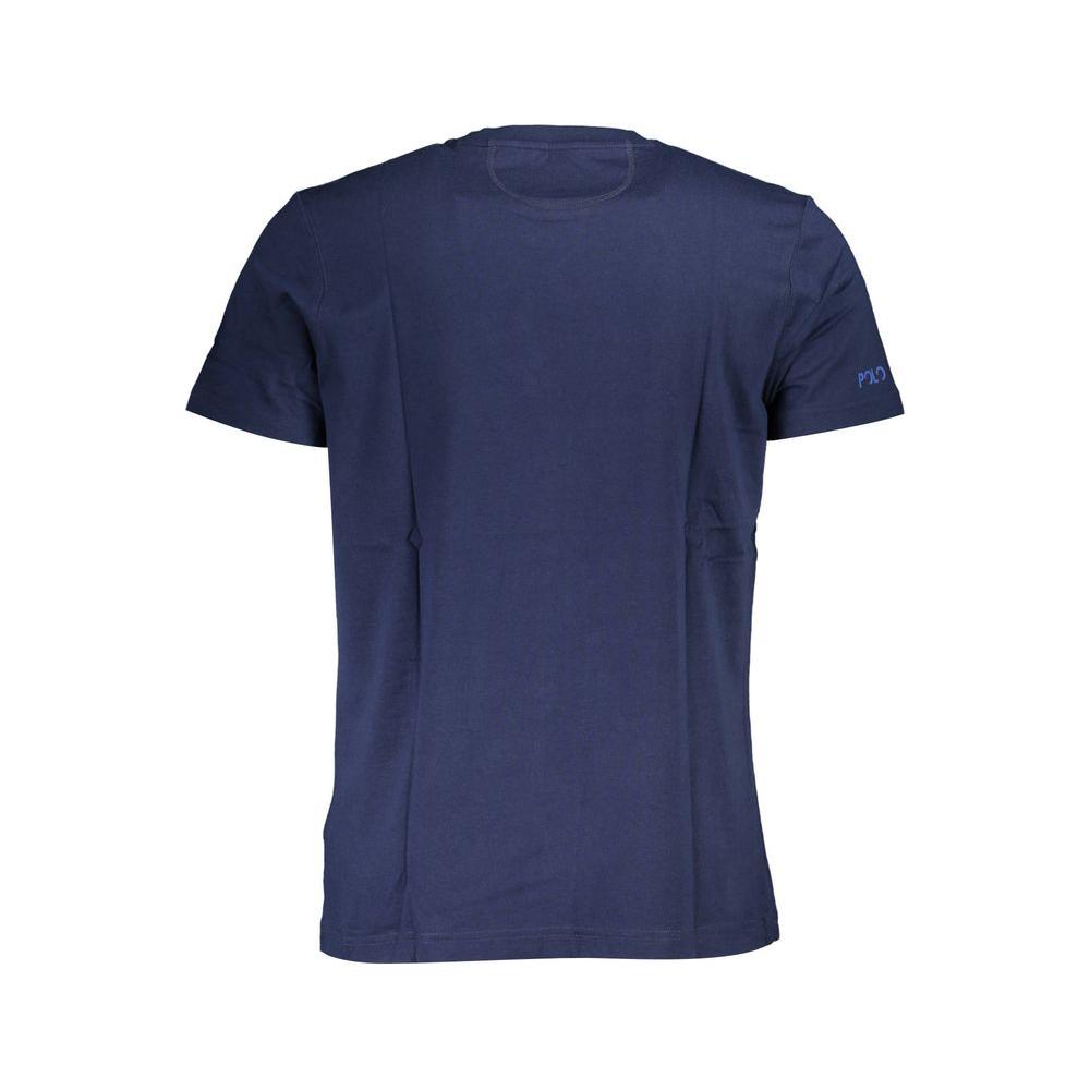 Rear view of La Martina Blue Cotton Men T-Shirt showcasing short sleeves and stylish regular fit.