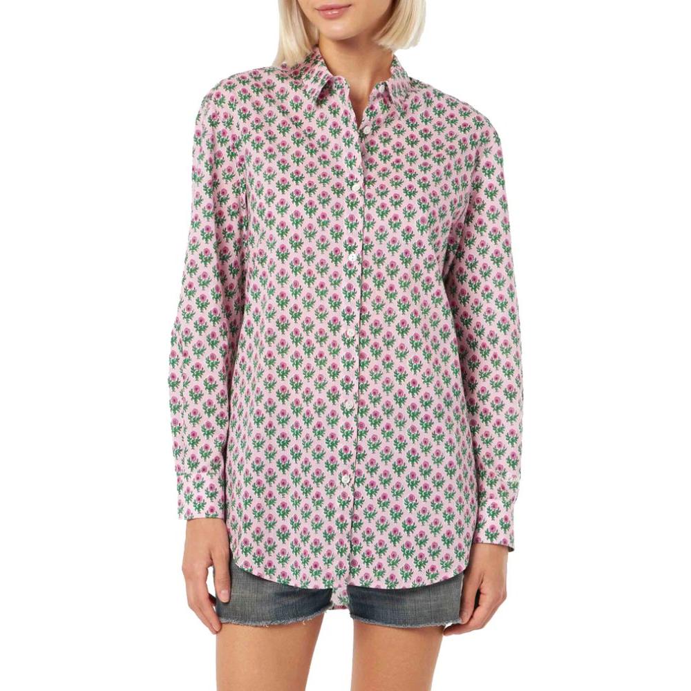 MC2 Saint Barth pink cotton shirt with floral print, mother-of-pearl buttons, and long sleeves displayed on a mannequin.