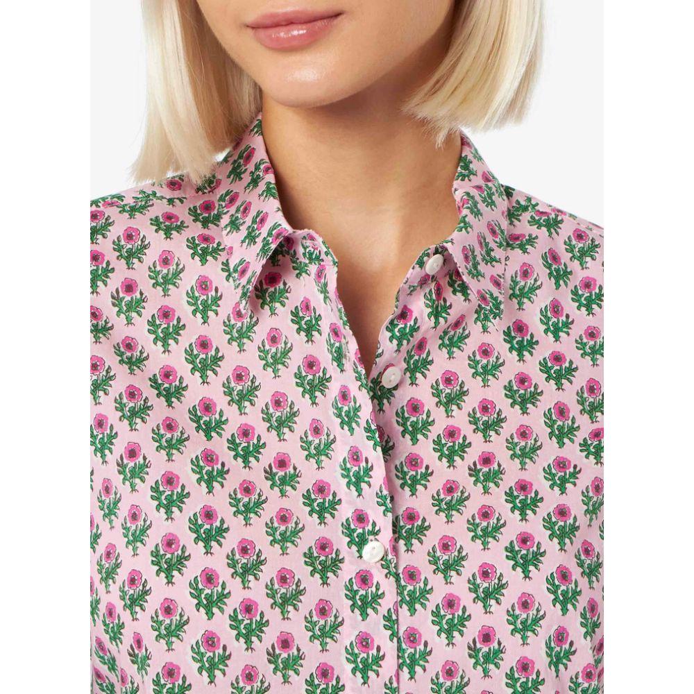 MC2 Saint Barth pink cotton shirt with floral print, mother-of-pearl buttons, and long sleeves with buttoned cuffs shown on model.