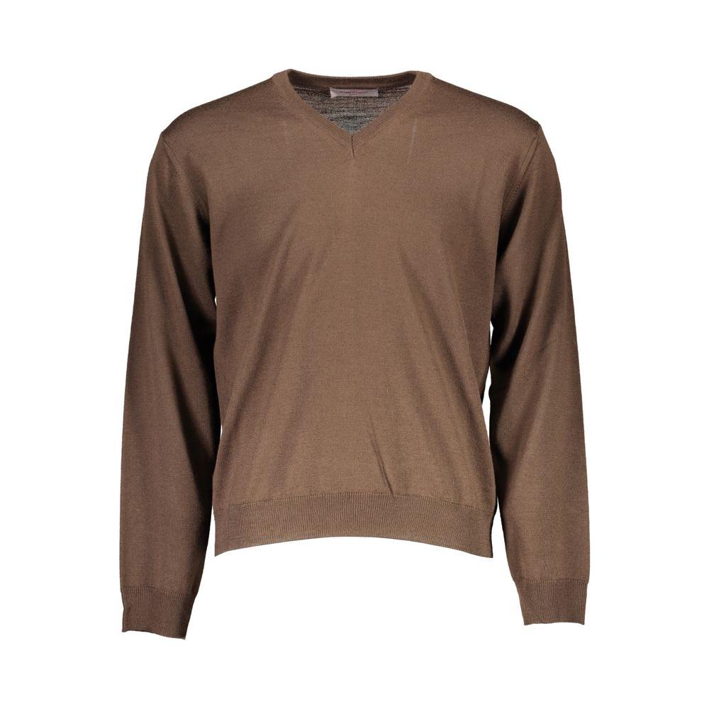 Romeo Gigli brown wool V-neck men's sweater, Italian craftsmanship, versatile and sophisticated fashion piece.