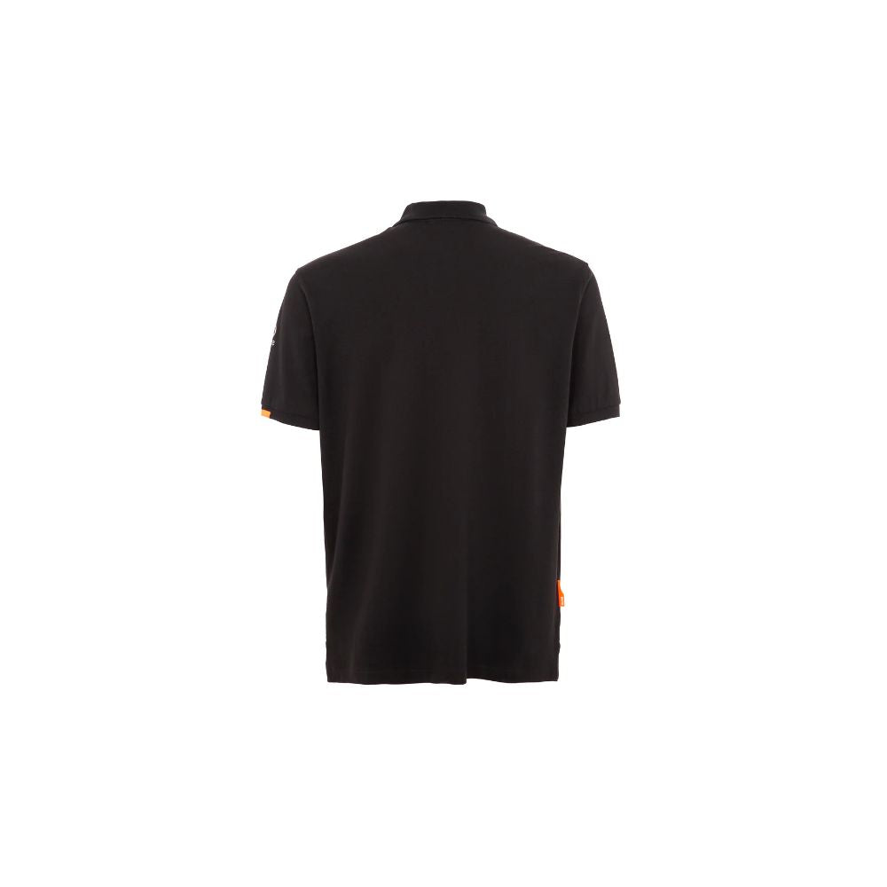 Back view of Suns black cotton polo shirt with ribbed collar, logo on sleeve, and button closure.