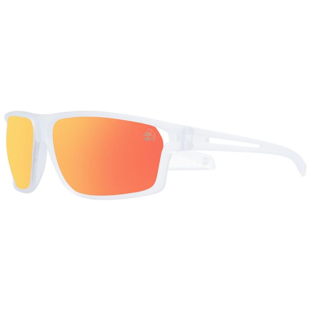 Timberland Men’s sunglasses in white frame with polarized orange lenses, offering 100% UVA & UVB protection. Stylish rectangular design.