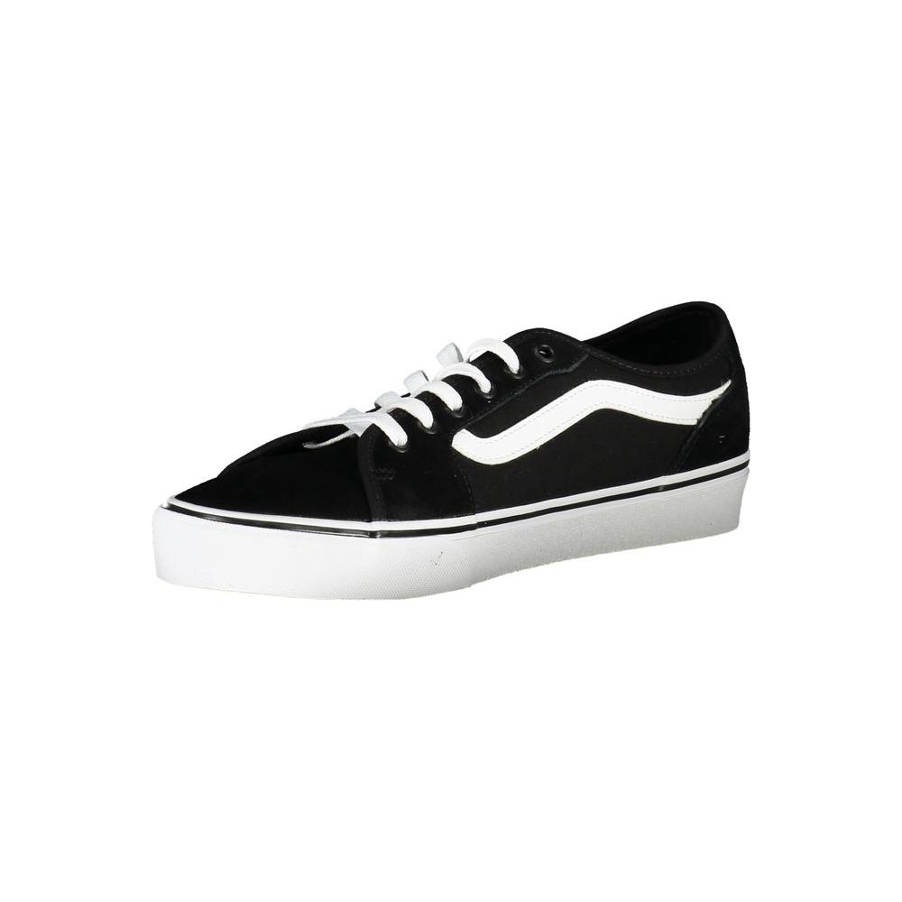 Vans black polyester sneaker with white laces, contrast details, and logo; ideal sports footwear.