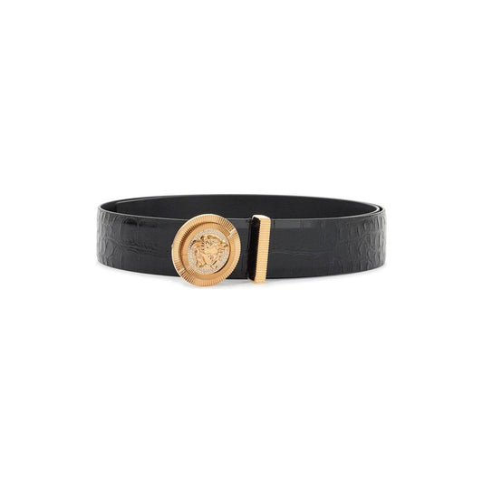 Versace black embossed crocodile calfskin belt with rhinestones 40mm Belts Versace Tan