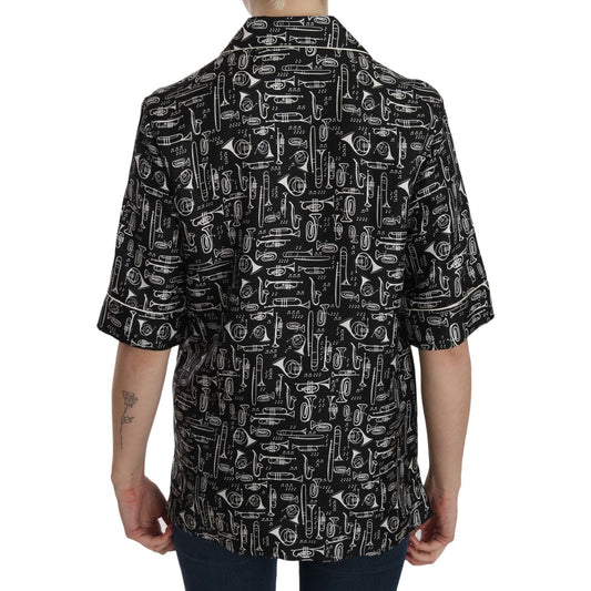 Dolce & Gabbana Musical Instrument Silk Collared Top Dolce & Gabbana Dark Gray