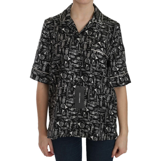 Dolce & Gabbana Musical Instrument Silk Collared Top Dolce & Gabbana Rosy Brown