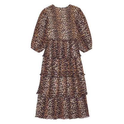 Ganni Leopard Pleated Georgette Flounce Smock Midi Dress Dresses