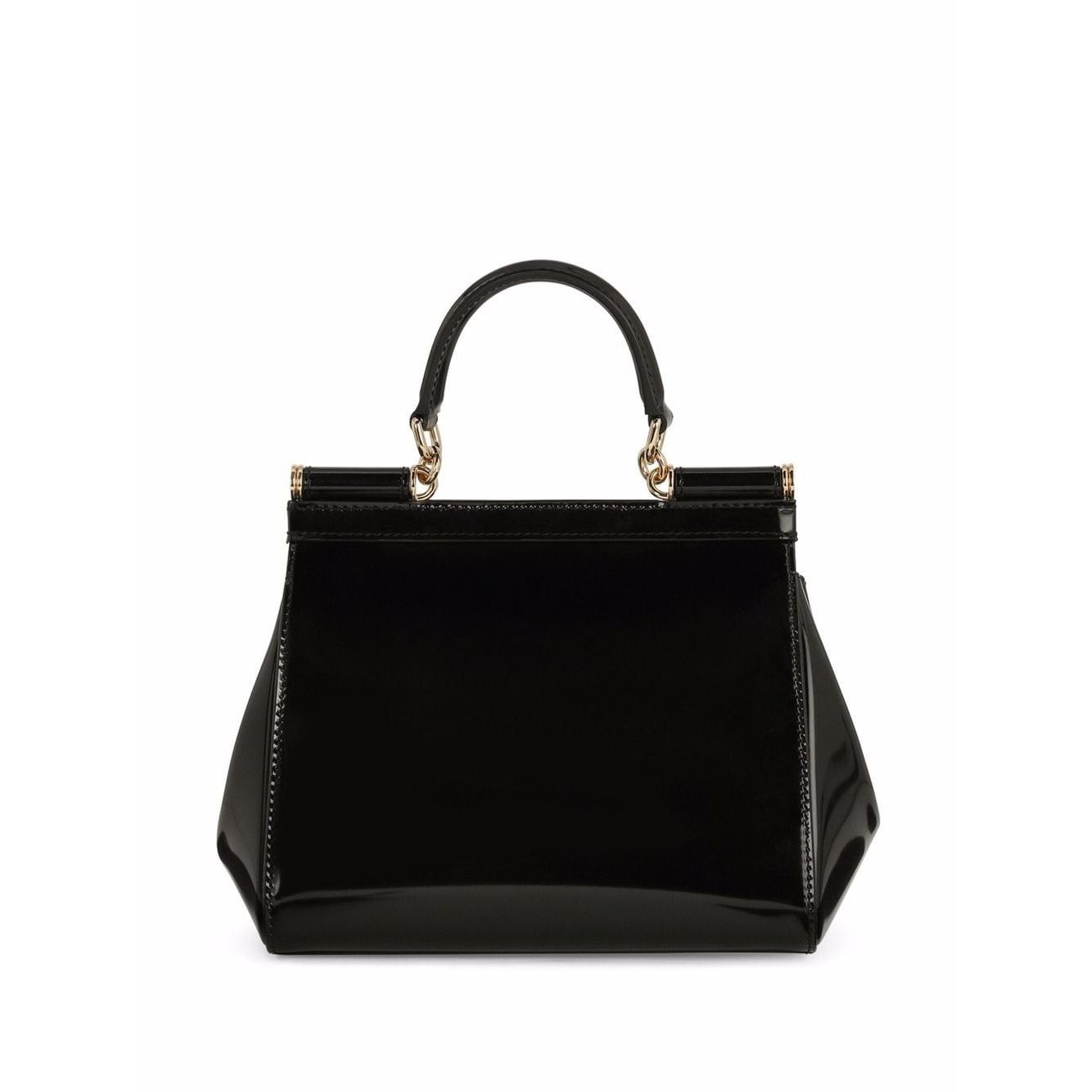 حقيبة دولتشي آند غابانا من جلد العجل الأسود المصقول بلمسة نهائية ذهبية اللون مع لوحة شعار