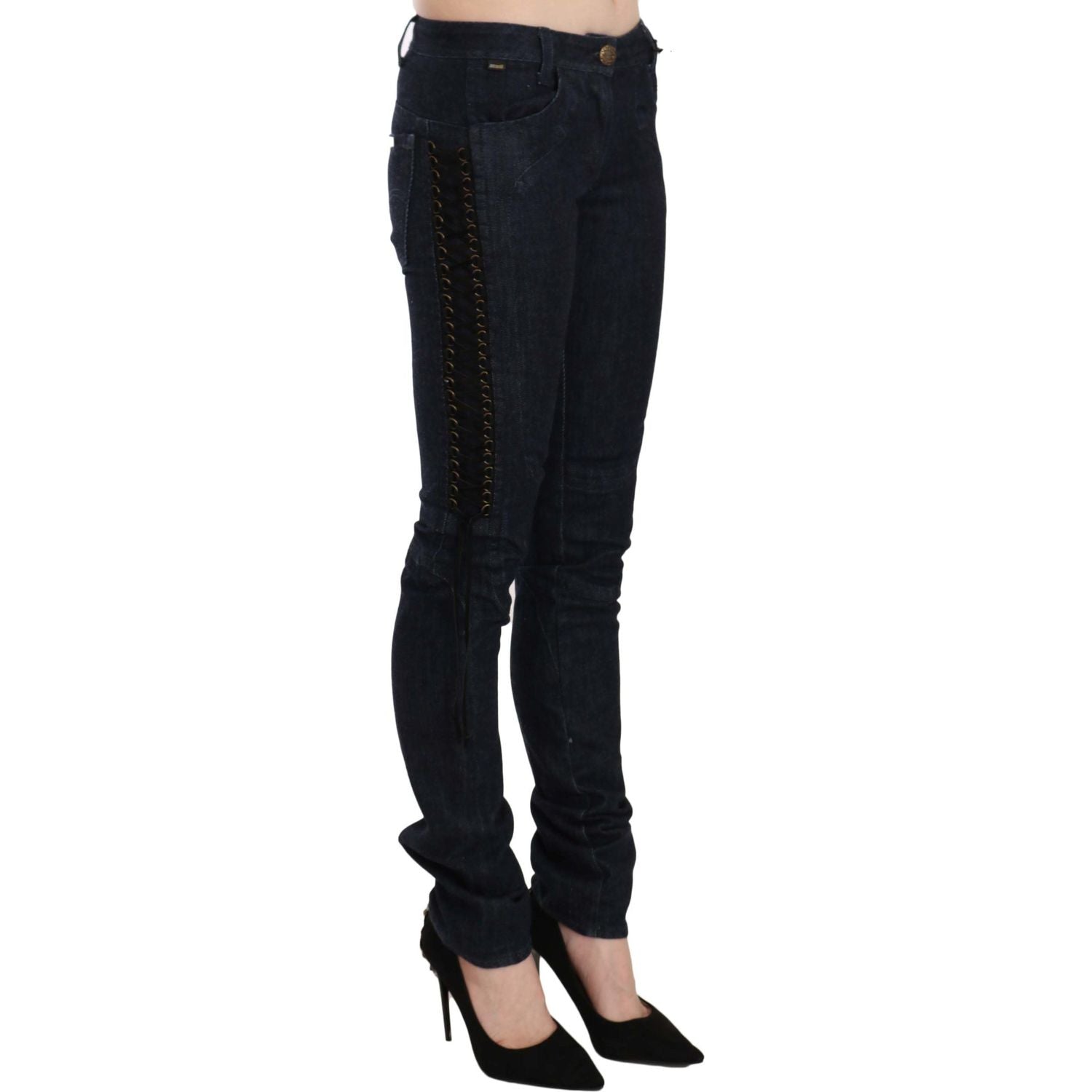 Just Cavalli Blue Low Waist Skinny Trousers Braided String Pants