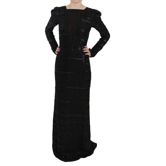 John Richmond Black Silk Sheath Maxi Dress with Sequins John Richmond Black